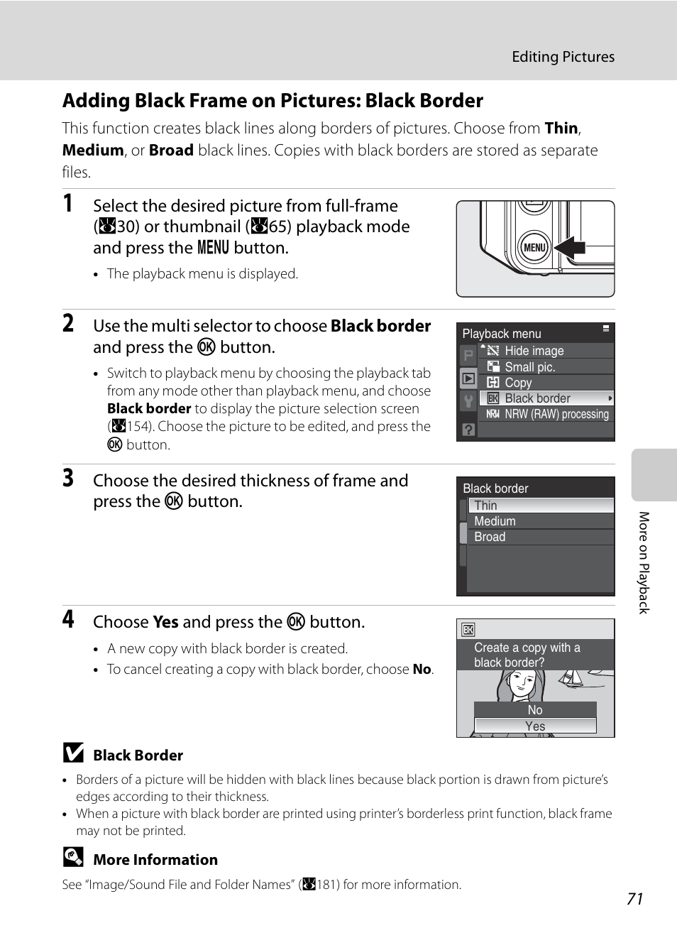 Adding black frame on pictures: black border, A71) | Nikon P6000 User Manual | Page 85 / 220