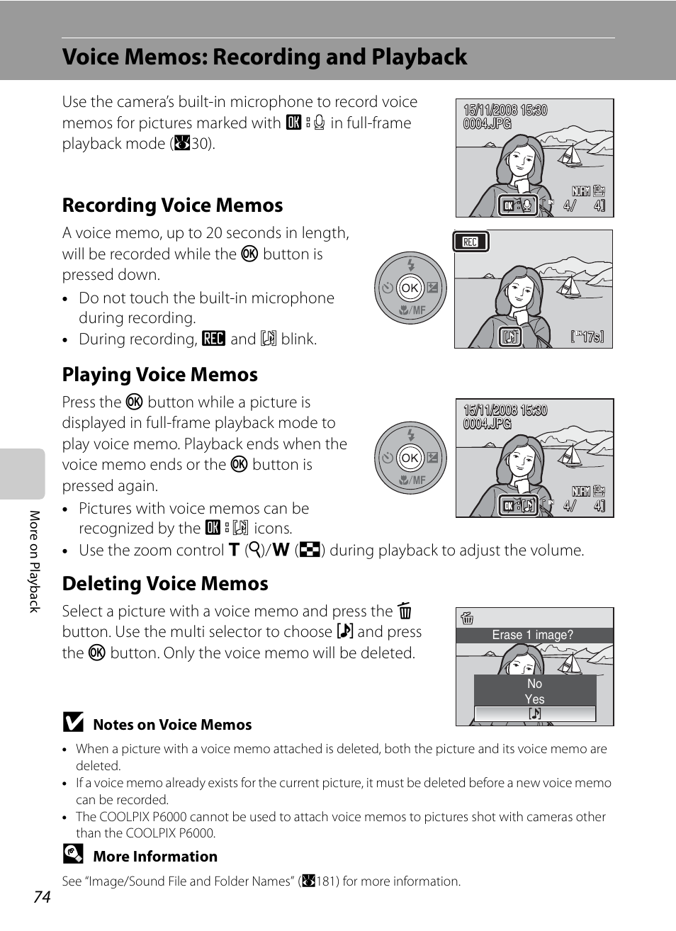 Voice memos: recording and playback, Recording voice memos, Playing voice memos | Deleting voice memos | Nikon P6000 User Manual | Page 88 / 220