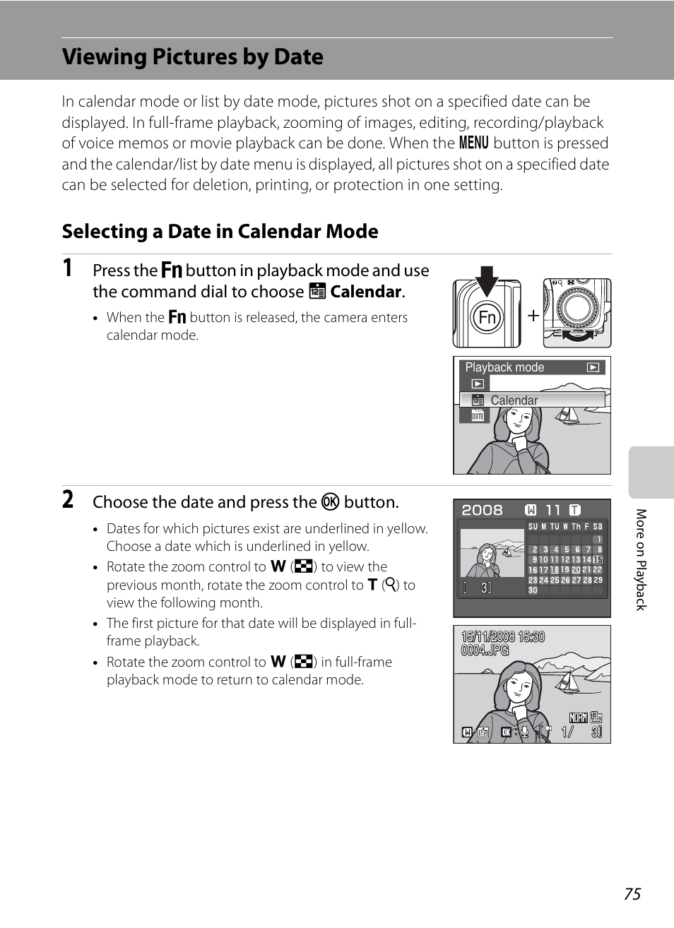 Viewing pictures by date, Selecting a date in calendar mode | Nikon P6000 User Manual | Page 89 / 220