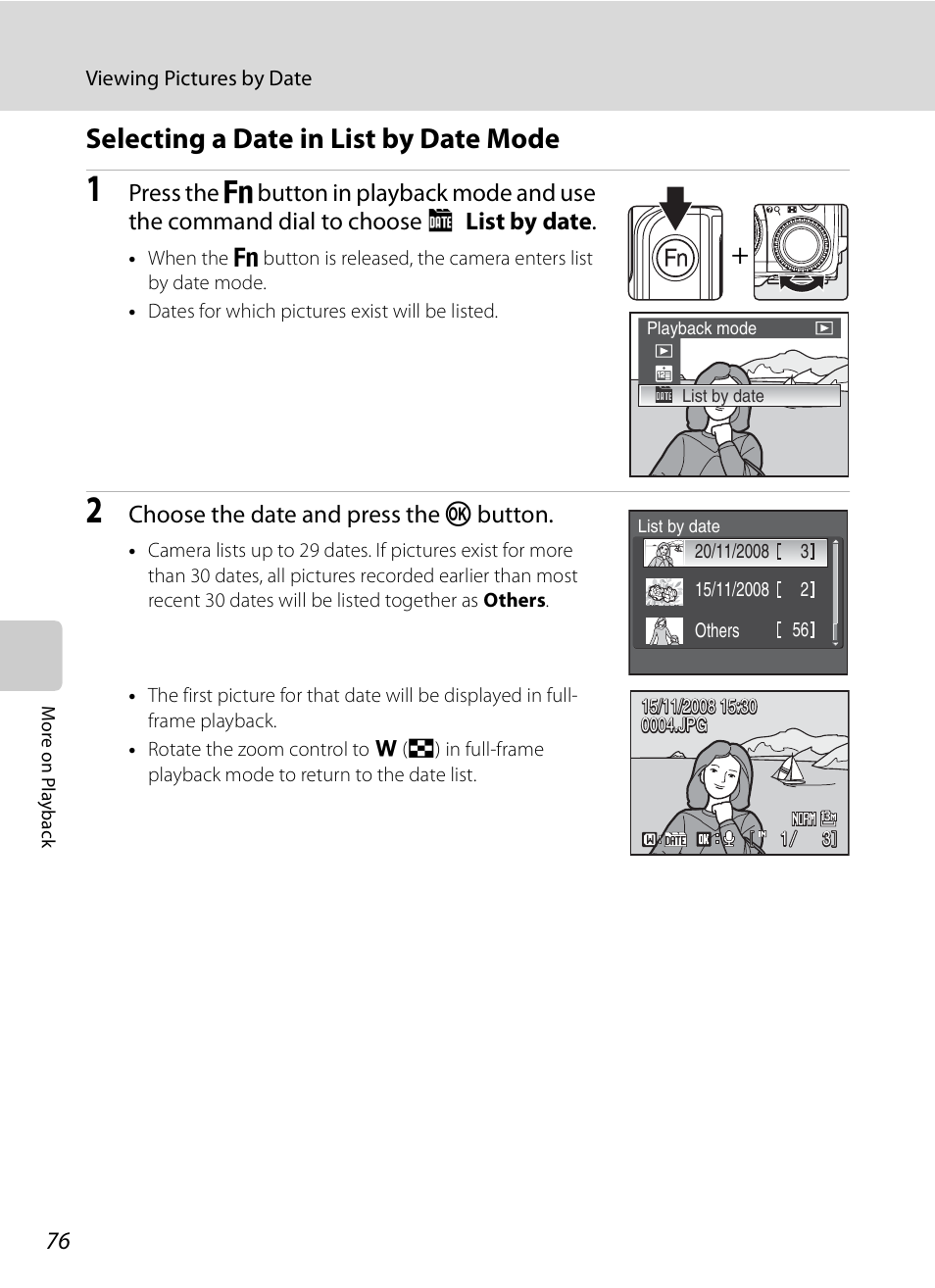 Selecting a date in list by date mode, Choose the date and press the k button | Nikon P6000 User Manual | Page 90 / 220
