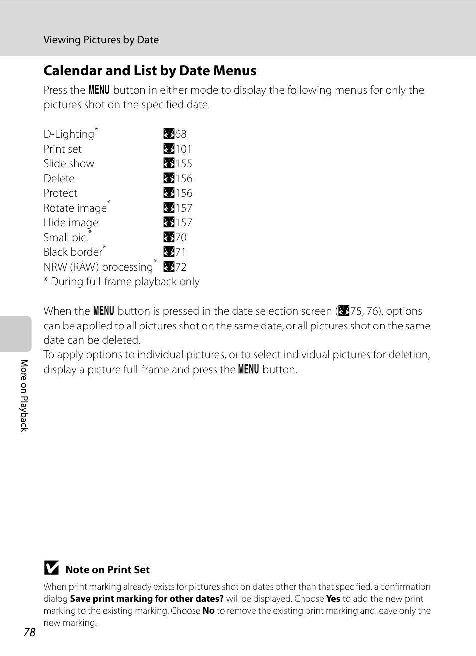 Calendar and list by date menus | Nikon P6000 User Manual | Page 92 / 220