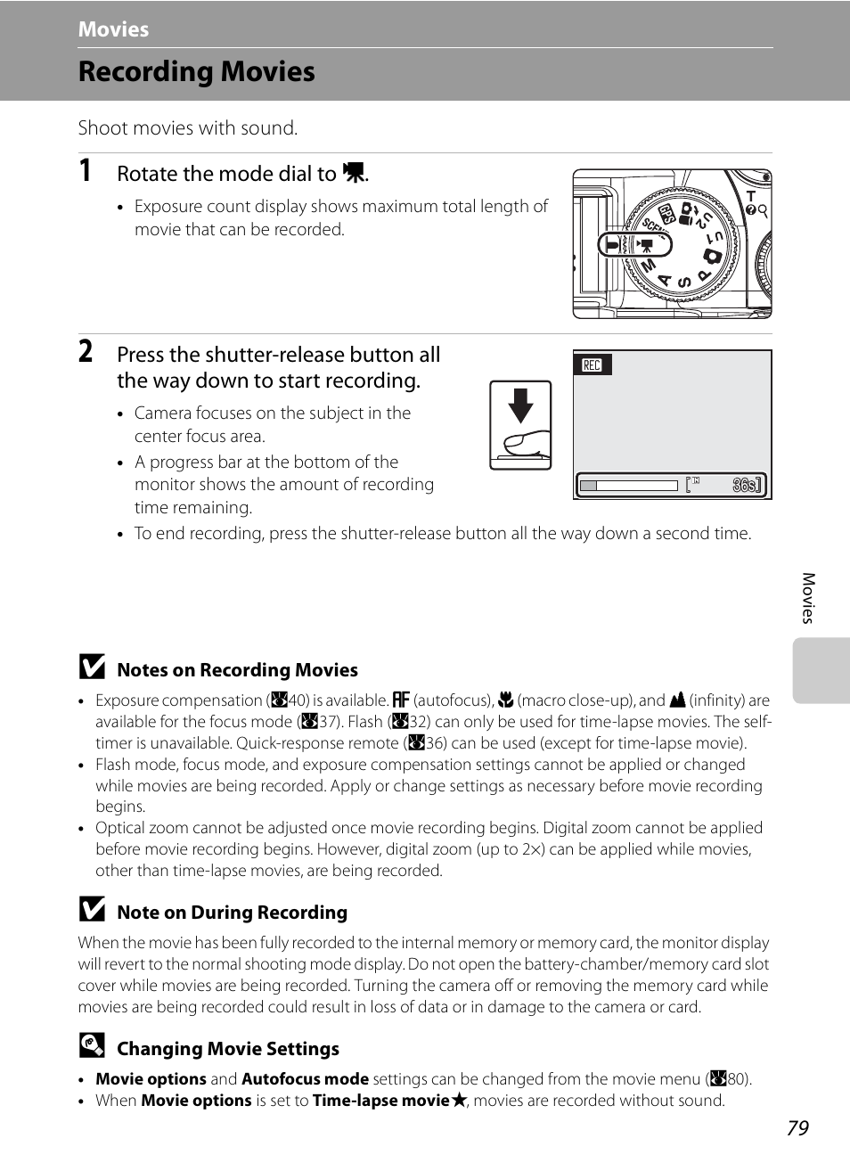 Movies, Recording movies, D movies | E (a79) | Nikon P6000 User Manual | Page 93 / 220