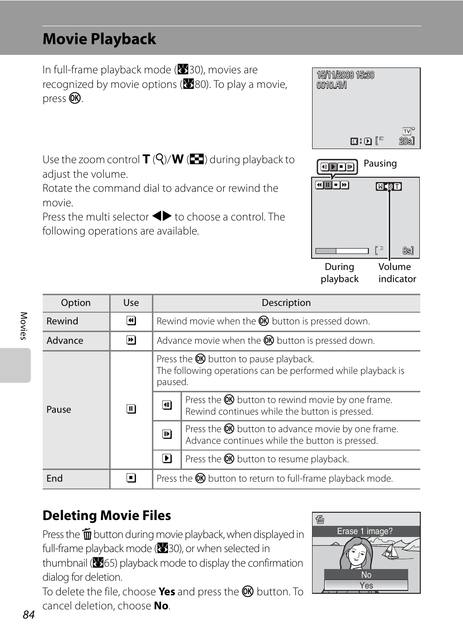 Movie playback, Deleting movie files | Nikon P6000 User Manual | Page 98 / 220