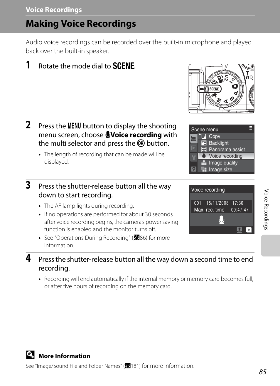 Voice recordings, Making voice recordings, E voice recordings | E “voice recordings, A85) | Nikon P6000 User Manual | Page 99 / 220