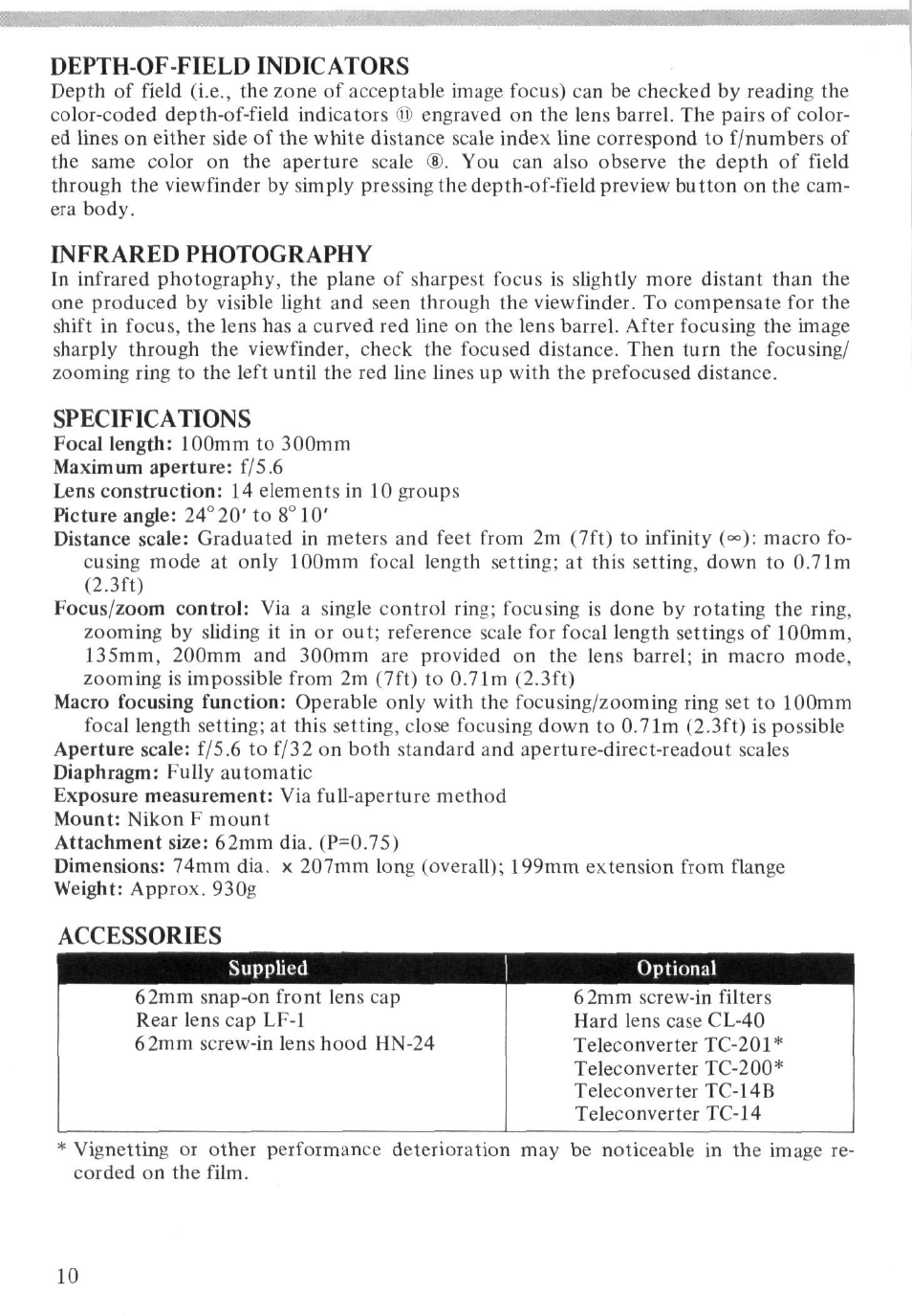 Depth-of-field indicators, Infrared photography, Specifications | Accessories | Nikon AI-S Zoom-NIKKOR 100-300mm f-5.6 User Manual | Page 10 / 26