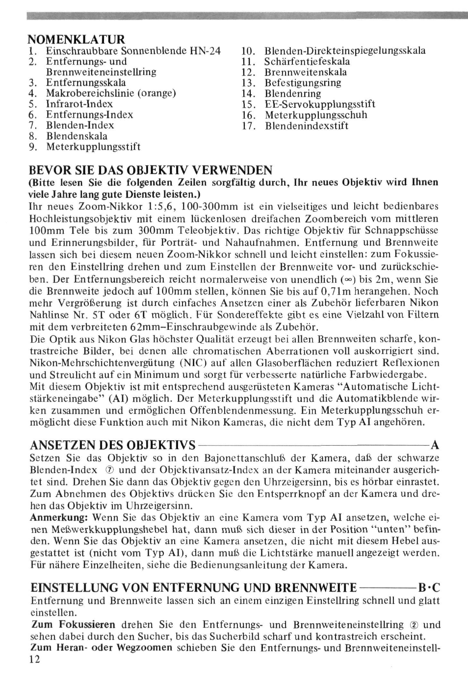 Nomenklatur, Bevor sie das objektiv verwenden, Ansetzen des objektivs a | Einstellung von entfernung und brennweite, Einstellung von entfernung und brennweite bc | Nikon AI-S Zoom-NIKKOR 100-300mm f-5.6 User Manual | Page 12 / 26