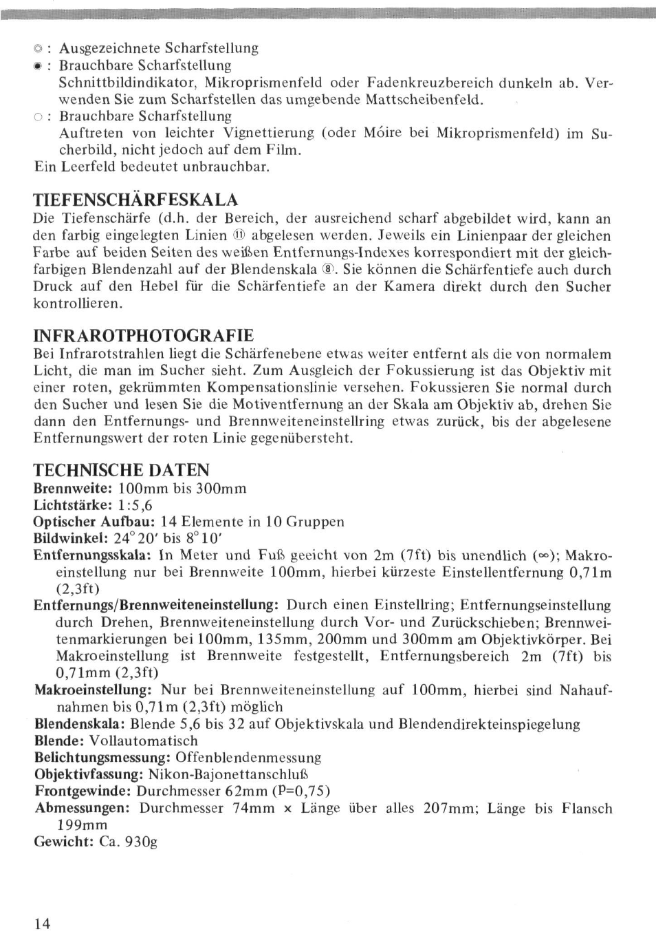 Tiefenschärfeskala, Infrarotphotografie, Technische daten | Brennweite, Lichtstärke: 1:5,6 optischer aufbau, Bildwinkel, Entternungsskala, Entfernungs/brennweiteneinstellung, Makroeinstellung, Blendenskala | Nikon AI-S Zoom-NIKKOR 100-300mm f-5.6 User Manual | Page 14 / 26