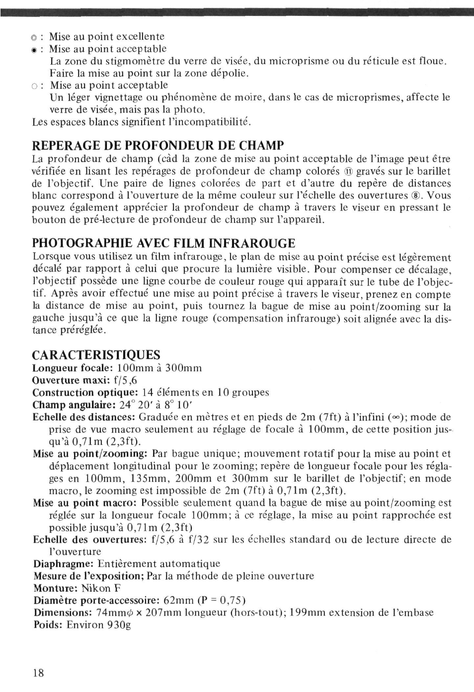 Reperage de profondeur de champ, Photographie avec film infrarouge, Caracteristiques | Nikon AI-S Zoom-NIKKOR 100-300mm f-5.6 User Manual | Page 18 / 26