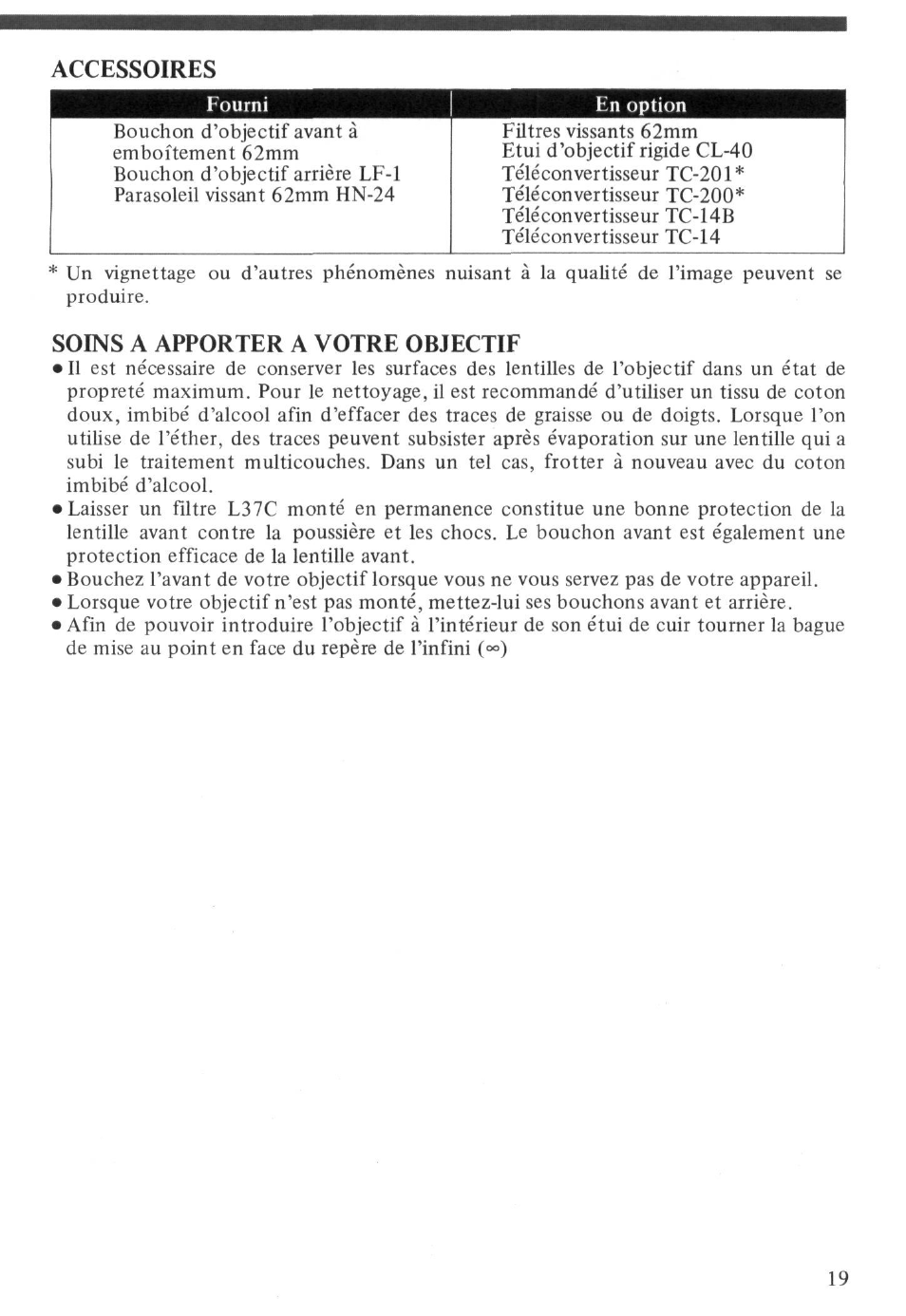Accessoires, Soins a apporter a votre objectif | Nikon AI-S Zoom-NIKKOR 100-300mm f-5.6 User Manual | Page 19 / 26