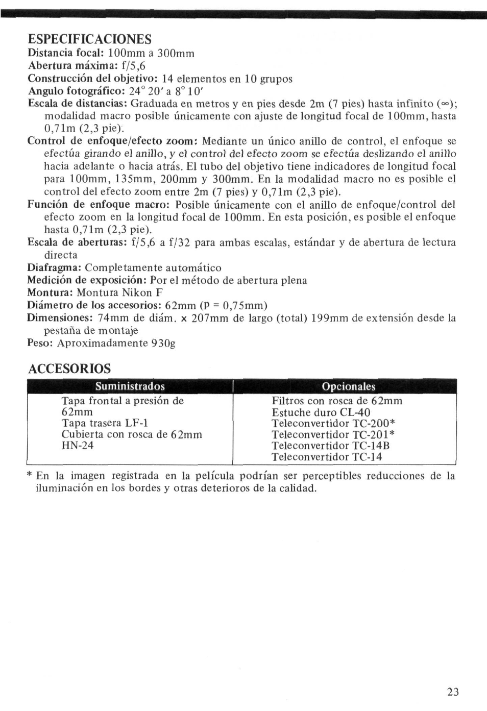 Especificaciones, Accesorios | Nikon AI-S Zoom-NIKKOR 100-300mm f-5.6 User Manual | Page 23 / 26