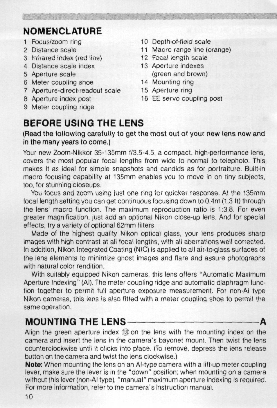 Nomenclature, Before using the lens, Mounting the lens a | Nikon AI-S Zoom-NIKKOR 35-135mm f-3.5-4.5 User Manual | Page 10 / 40