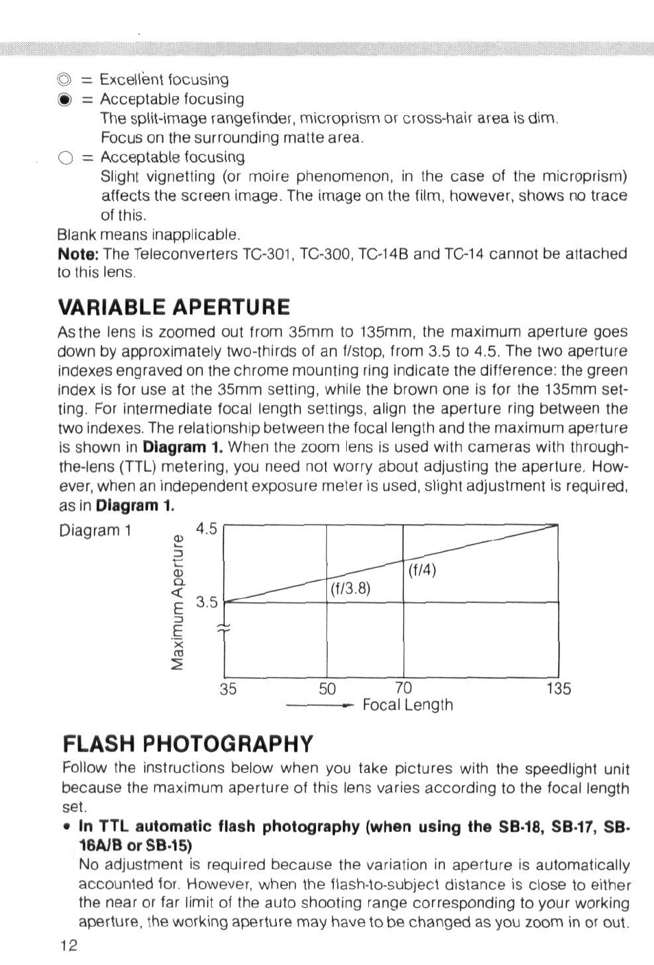 Variable aperture, Flash photography | Nikon AI-S Zoom-NIKKOR 35-135mm f-3.5-4.5 User Manual | Page 12 / 40