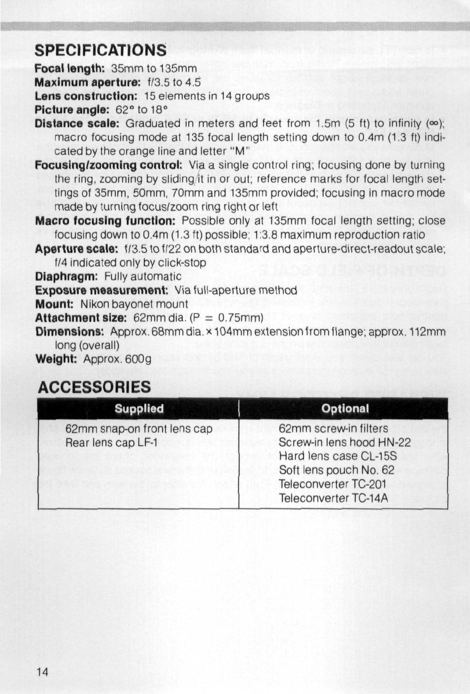 Specifications, Accessories | Nikon AI-S Zoom-NIKKOR 35-135mm f-3.5-4.5 User Manual | Page 14 / 40