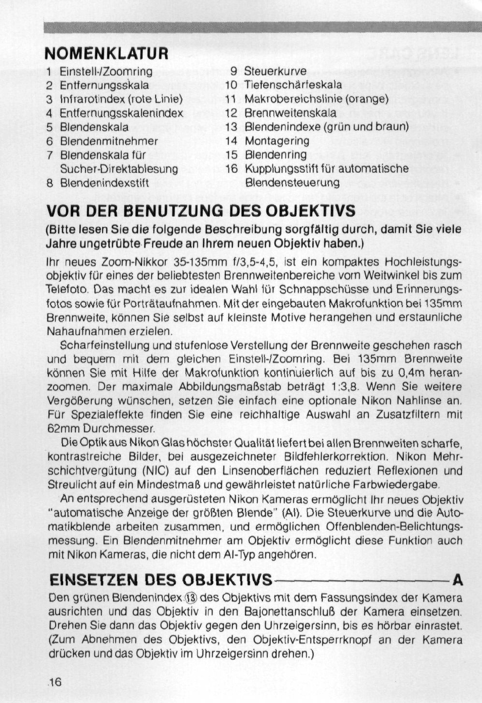 Vor der benutzung des objektivs, Einsetzen des objektivs a, Nomenklatur | Nikon AI-S Zoom-NIKKOR 35-135mm f-3.5-4.5 User Manual | Page 16 / 40