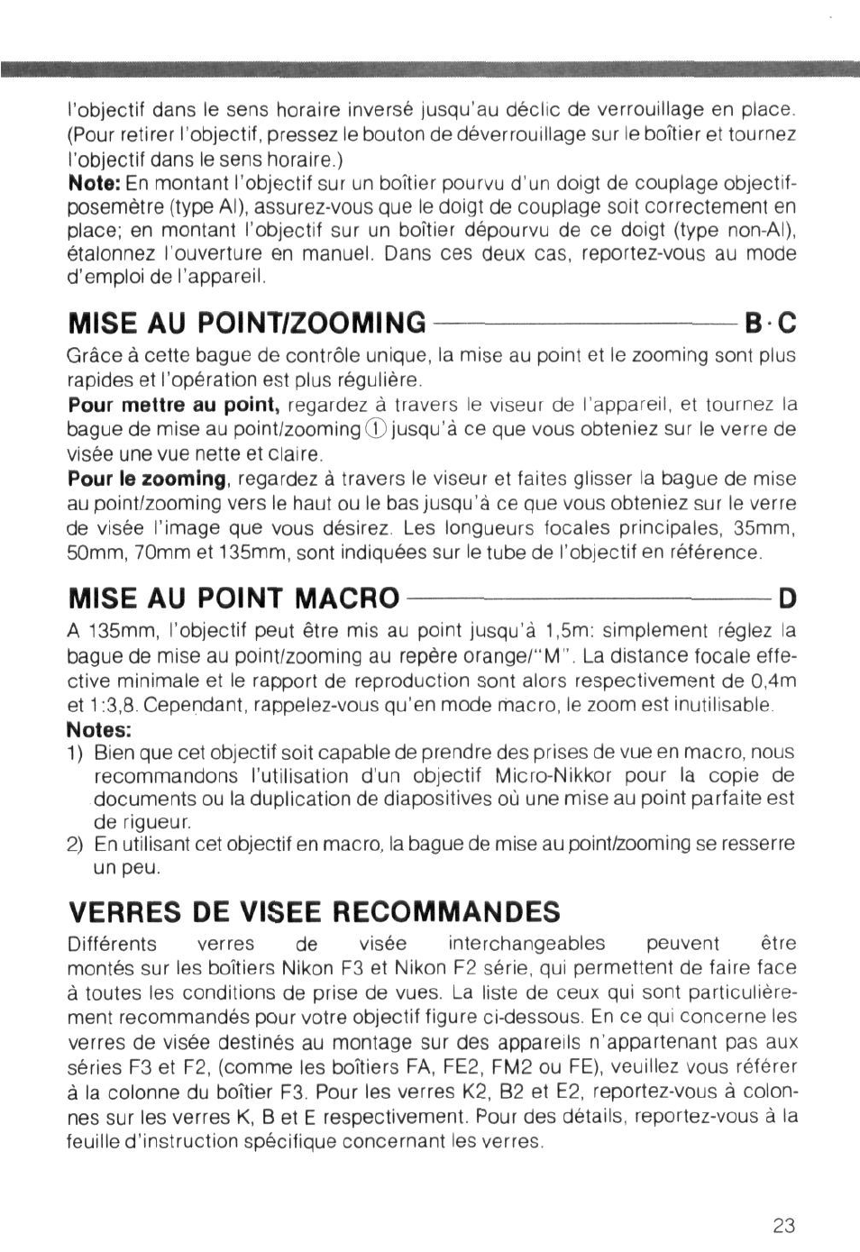 Mise au point/zooming, Mise au point macro d, Verres de visee recommandes | Mise au point/zooming b c | Nikon AI-S Zoom-NIKKOR 35-135mm f-3.5-4.5 User Manual | Page 23 / 40