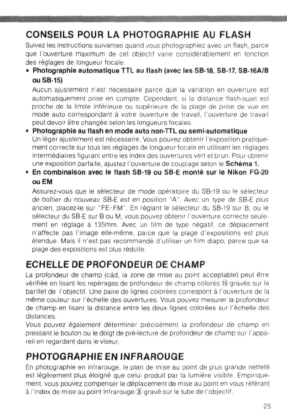 Conseils pour la photographie au flash, Echelle de profondeur de champ, Photographie en infrarouge | Nikon AI-S Zoom-NIKKOR 35-135mm f-3.5-4.5 User Manual | Page 25 / 40