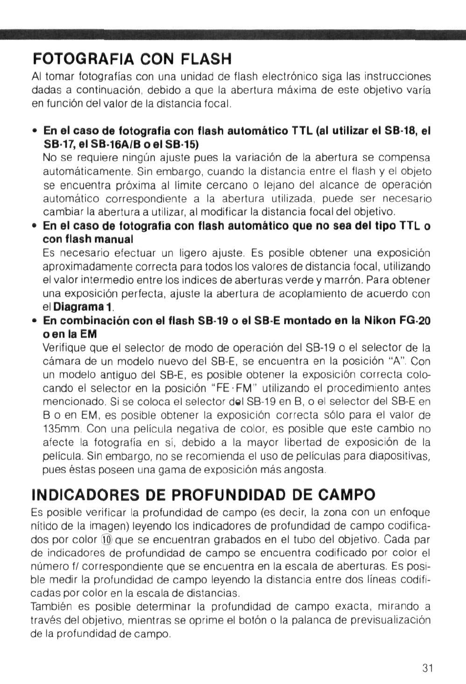 Fotografia con flash, Indicadores de profundidad de campo | Nikon AI-S Zoom-NIKKOR 35-135mm f-3.5-4.5 User Manual | Page 31 / 40