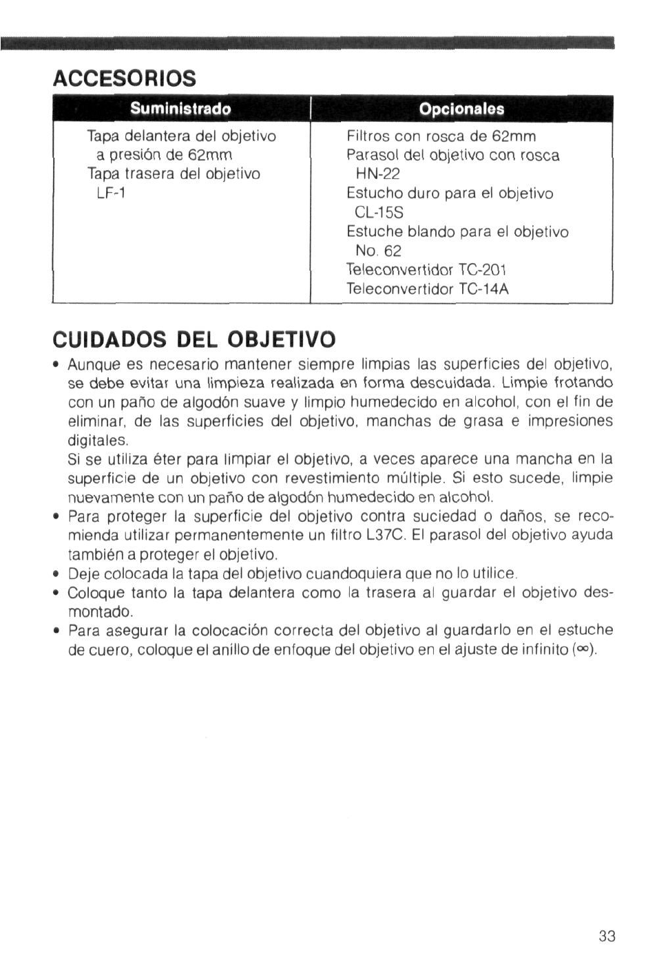 Accesorios, Cuidados del objetivo | Nikon AI-S Zoom-NIKKOR 35-135mm f-3.5-4.5 User Manual | Page 33 / 40