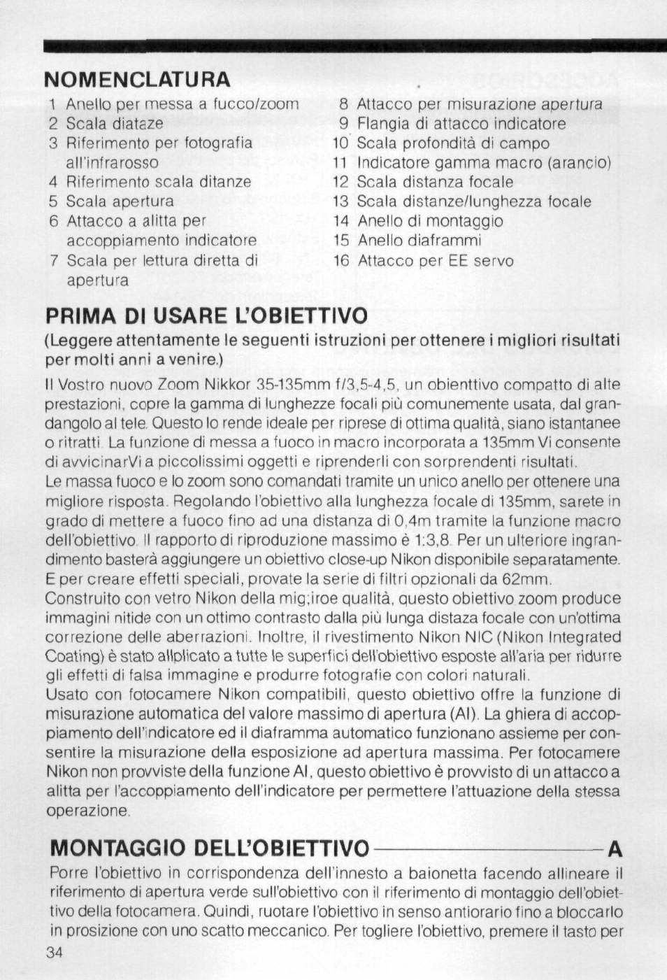 Nomenclatura, Prima di usare l’obiettivo, Montaggio dell’obiettivo a | Nikon AI-S Zoom-NIKKOR 35-135mm f-3.5-4.5 User Manual | Page 34 / 40