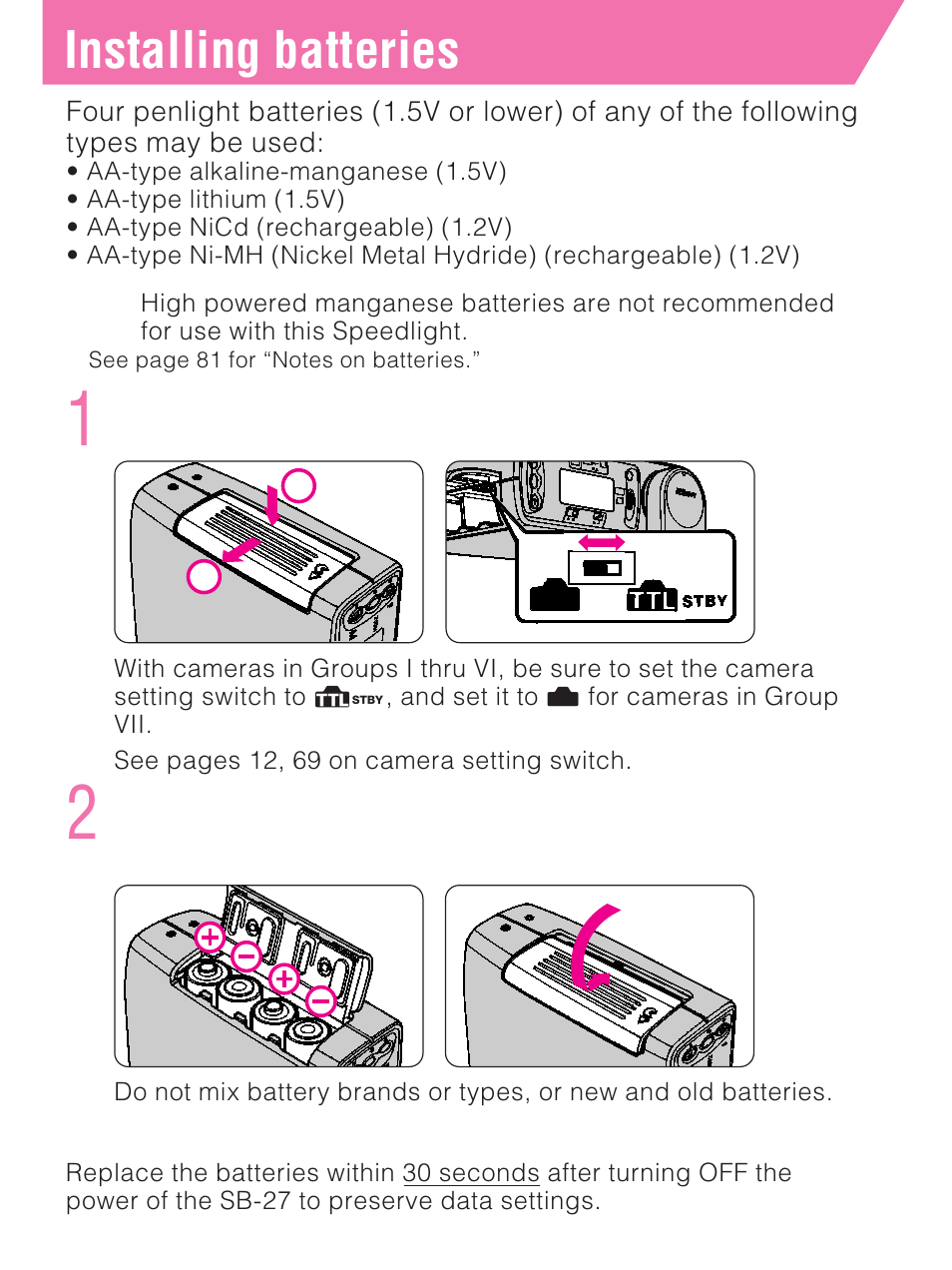 Installing batteries | Nikon SB-27 User Manual | Page 11 / 92