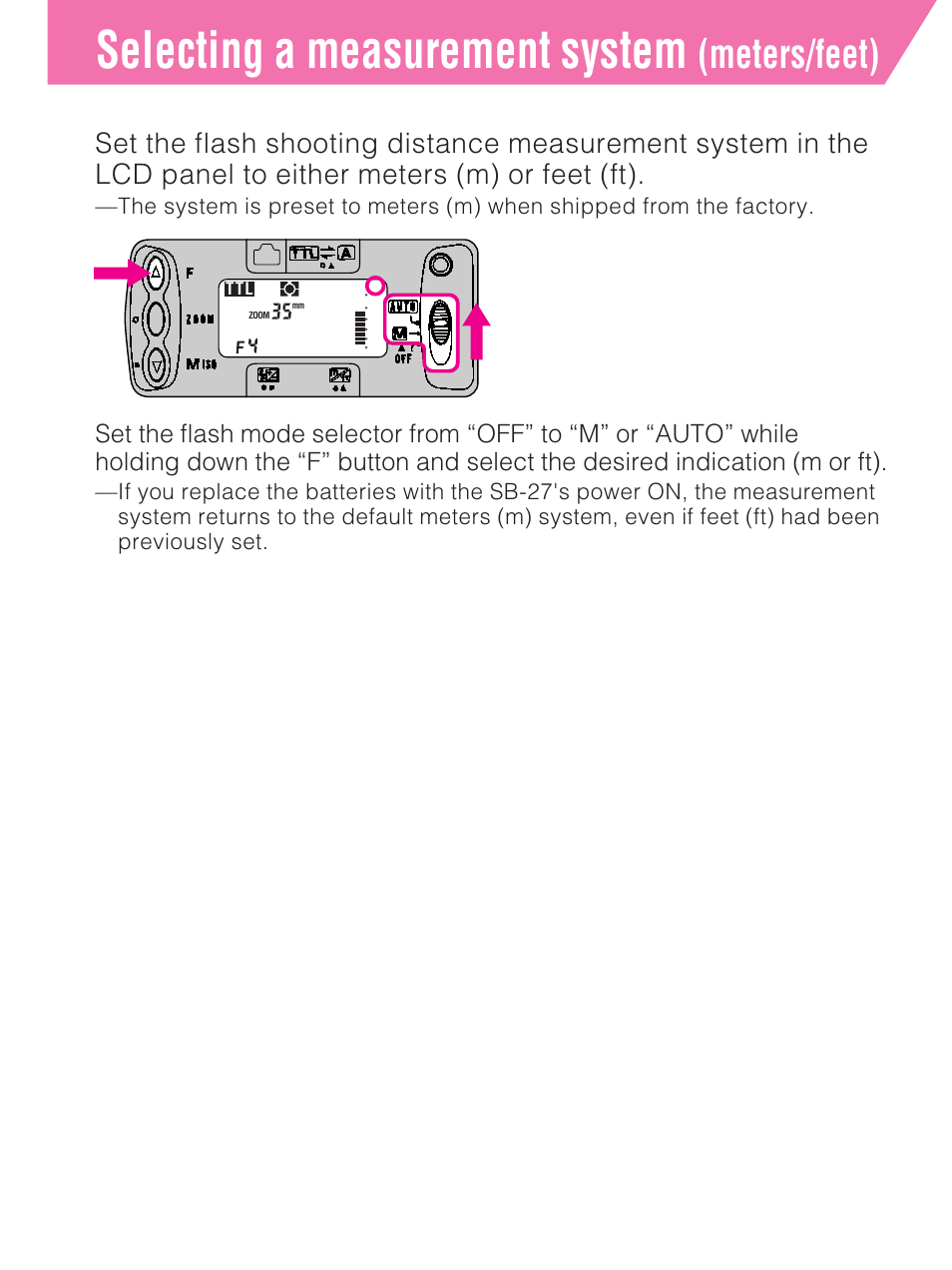 Selecting a measurement system, Meters/feet) | Nikon SB-27 User Manual | Page 16 / 92