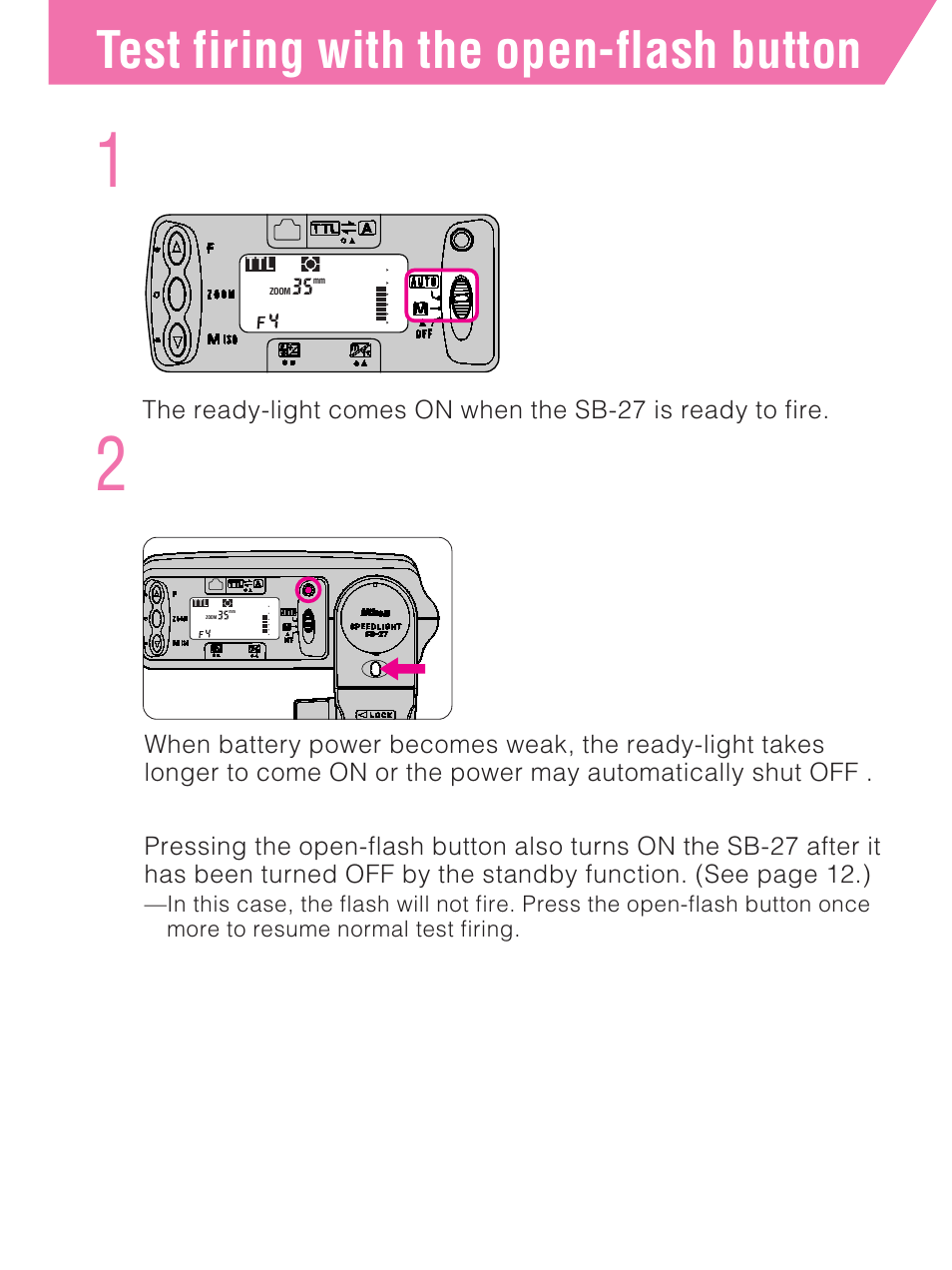 Test firing with the open-flash button, Set the flash mode selector to “m” or “auto | Nikon SB-27 User Manual | Page 18 / 92