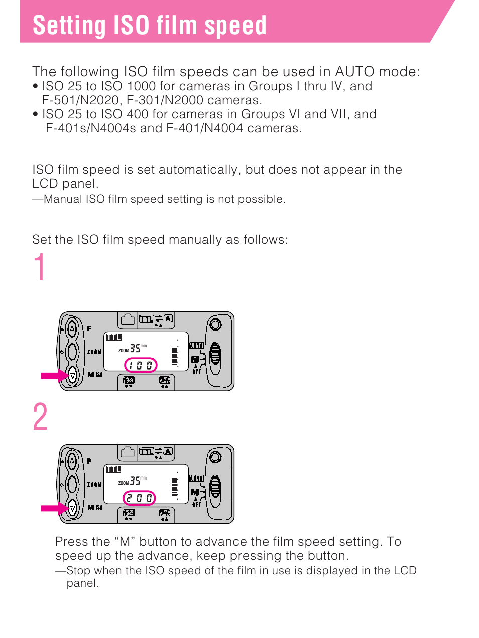 Setting iso film speed, With cameras in groups i and ii, With cameras in groups iii thru vii | Set the iso film speed of the film loaded, Set the iso film speed manually as follows | Nikon SB-27 User Manual | Page 19 / 92