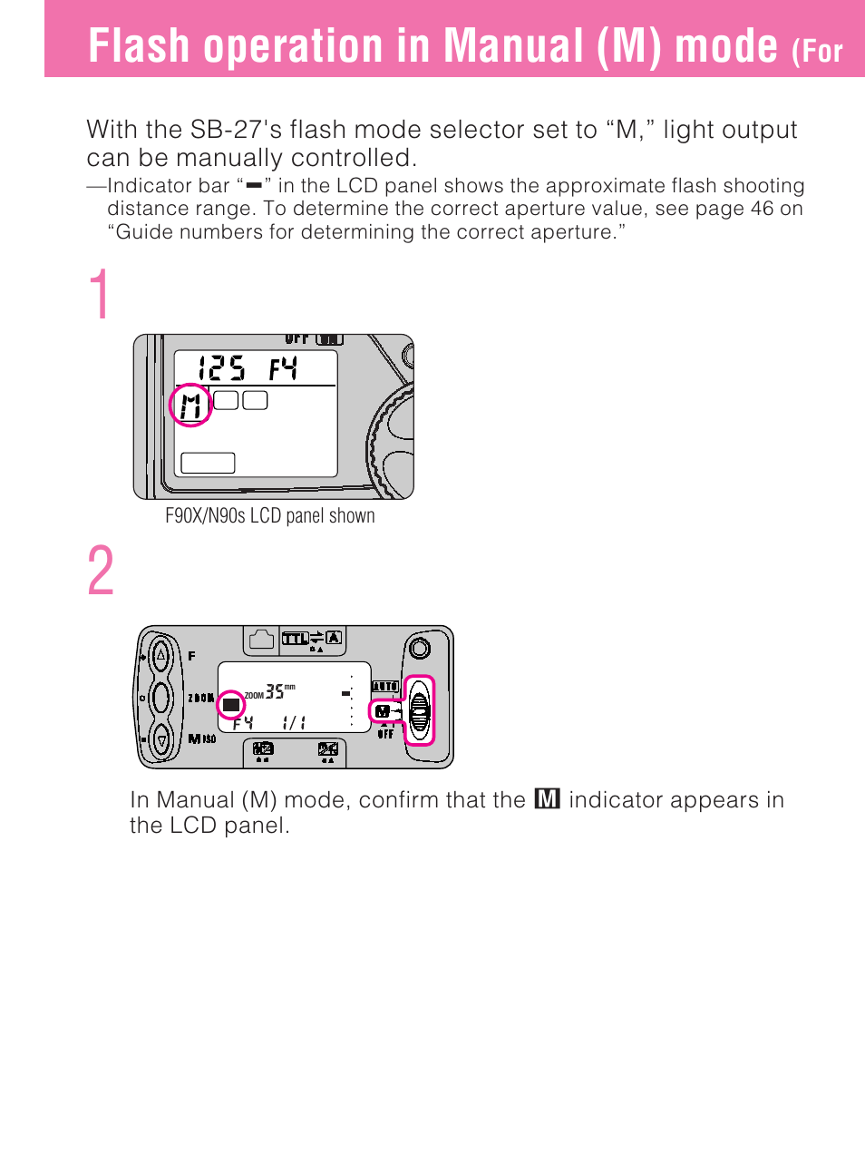 Flash operation in manual (m) mode, Set the sb-27's flash mode selector to “m | Nikon SB-27 User Manual | Page 42 / 92