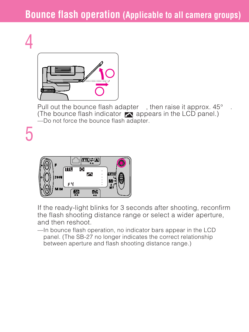 Bounce flash operation, Applicable to all camera groups), Set up the built-in bounce flash adapter | Nikon SB-27 User Manual | Page 52 / 92