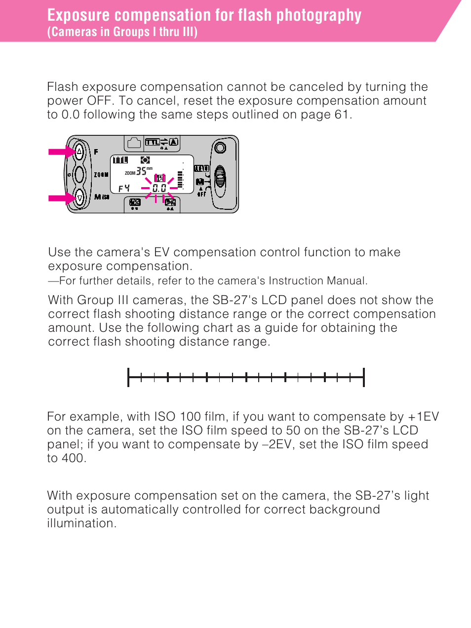 Exposure compensation for flash photography, Canceling exposure compensation, Cameras in group iii | Cameras in groups i thru iii) | Nikon SB-27 User Manual | Page 62 / 92
