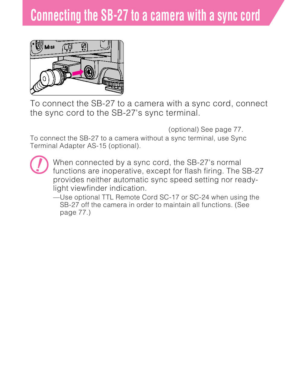 Connecting the sb-27 to a camera with a sync cord | Nikon SB-27 User Manual | Page 74 / 92