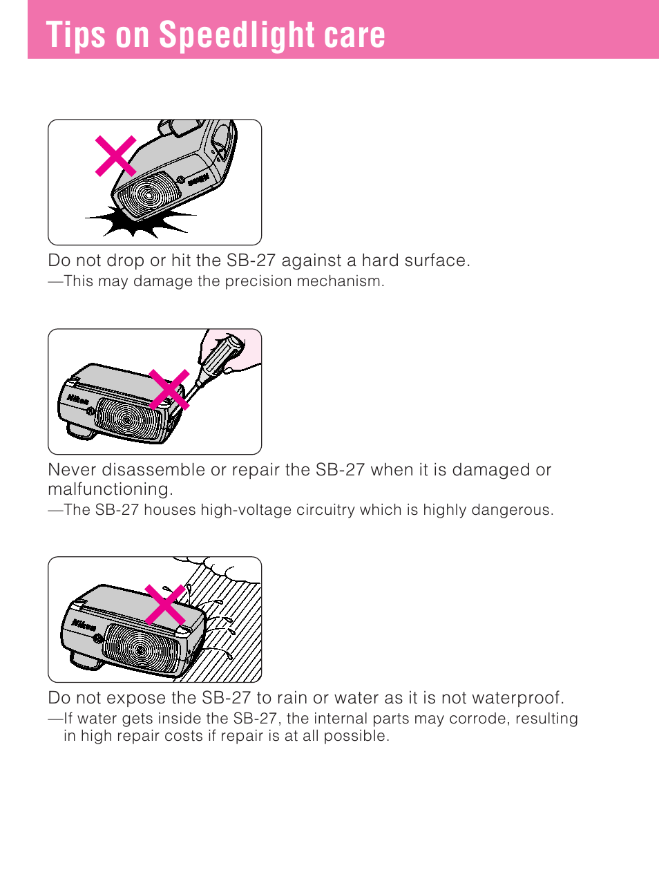 Tips on speedlight care | Nikon SB-27 User Manual | Page 79 / 92