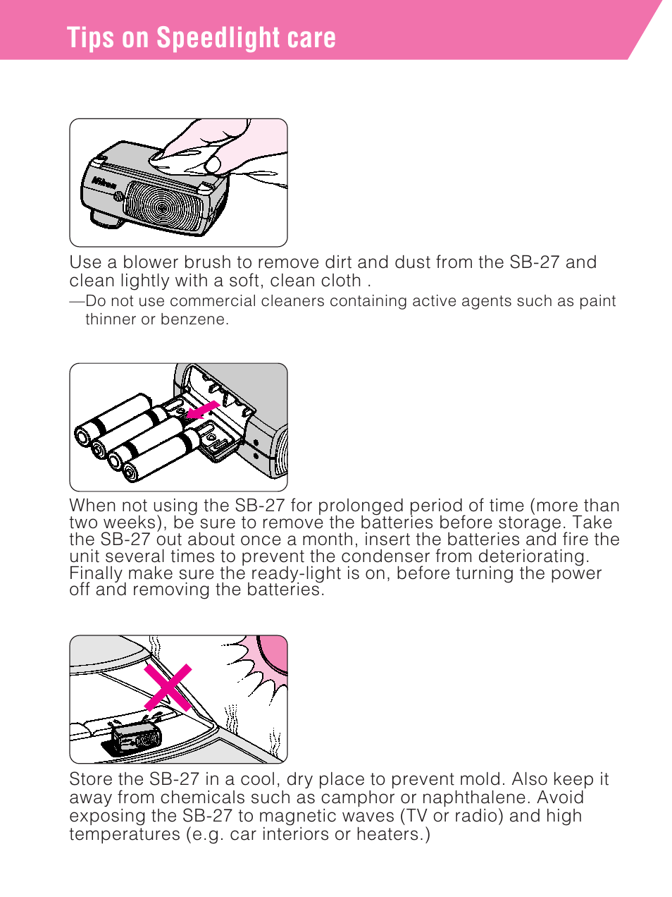 Tips on speedlight care | Nikon SB-27 User Manual | Page 80 / 92