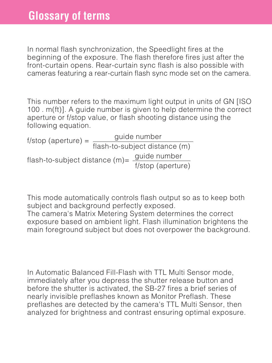 Glossary of terms, Front-curtain sync flash, Guide number | Matrix balanced fill flash, Monitor preflash | Nikon SB-27 User Manual | Page 86 / 92
