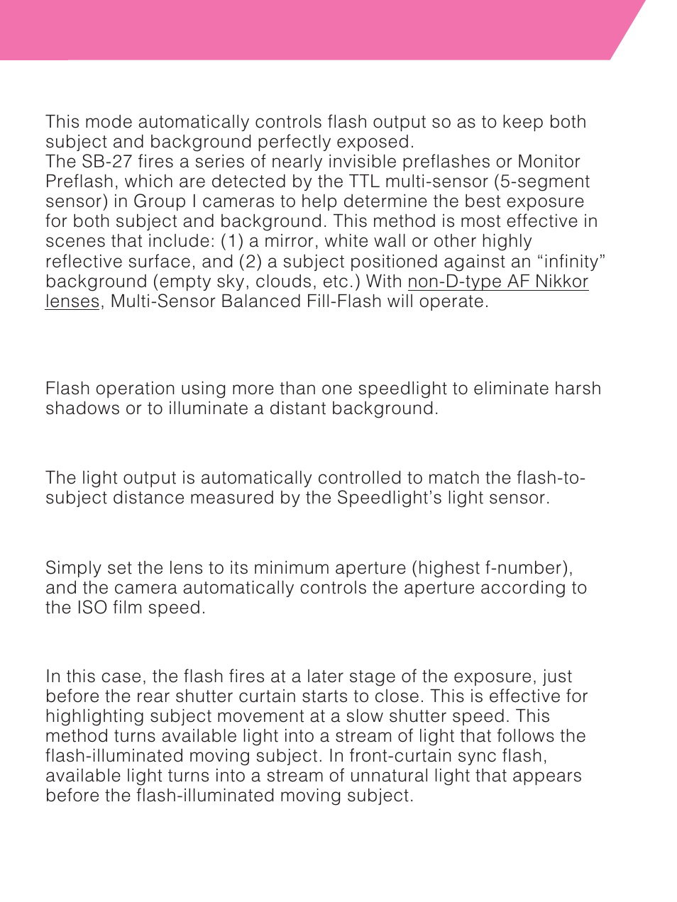 Multi-sensor balanced fill-flash, Multiple flash operation, Non-ttl auto flash | Programmed ttl auto flash, Rear-curtain sync flash | Nikon SB-27 User Manual | Page 87 / 92