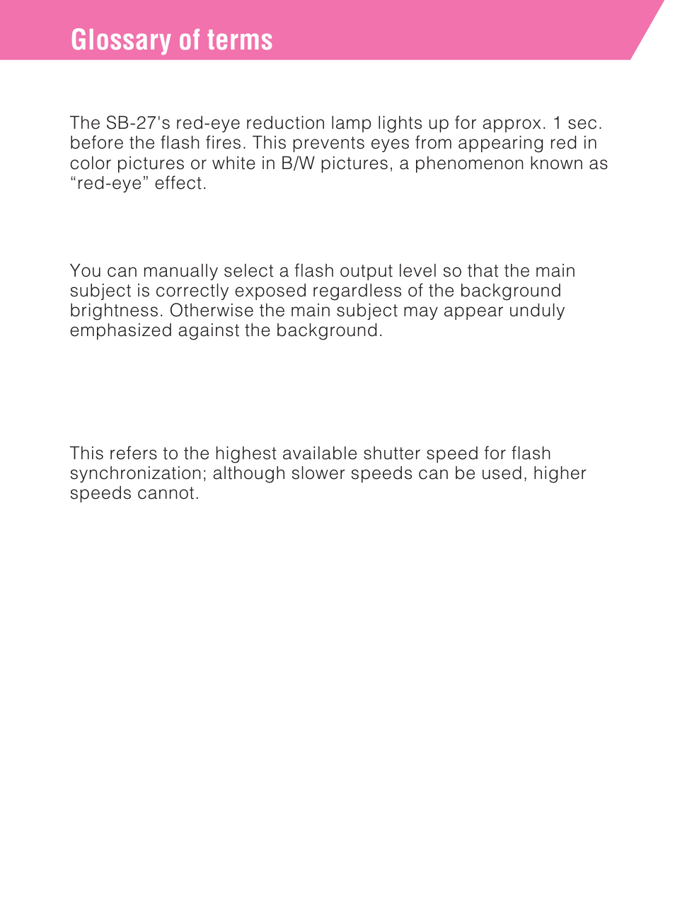 Glossary of terms, Red-eye reduction, Standard ttl flash | Sync shutter speed | Nikon SB-27 User Manual | Page 88 / 92