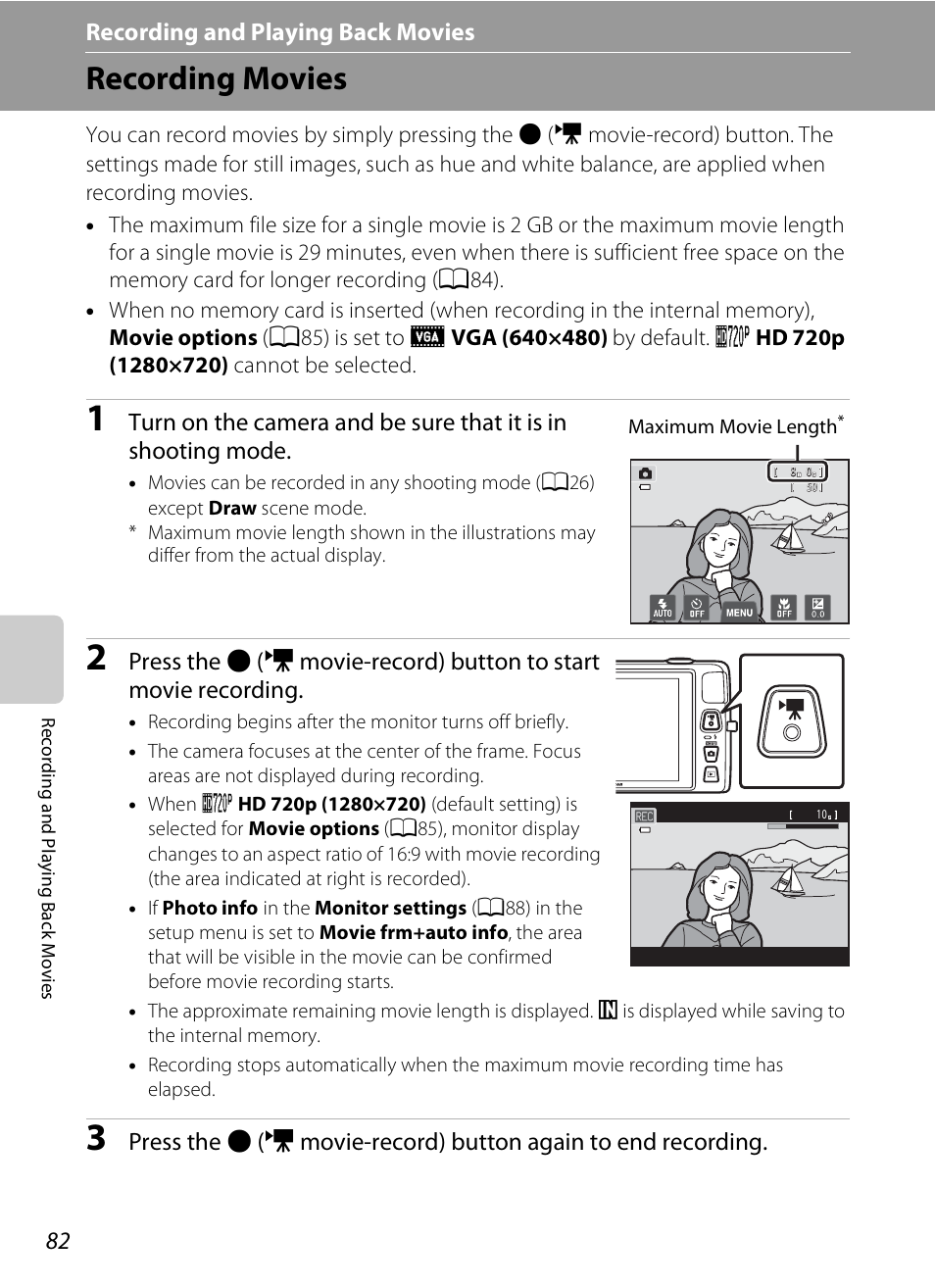 Recording movies, Recording and playing back movies | Nikon S4200 User Manual | Page 100 / 224