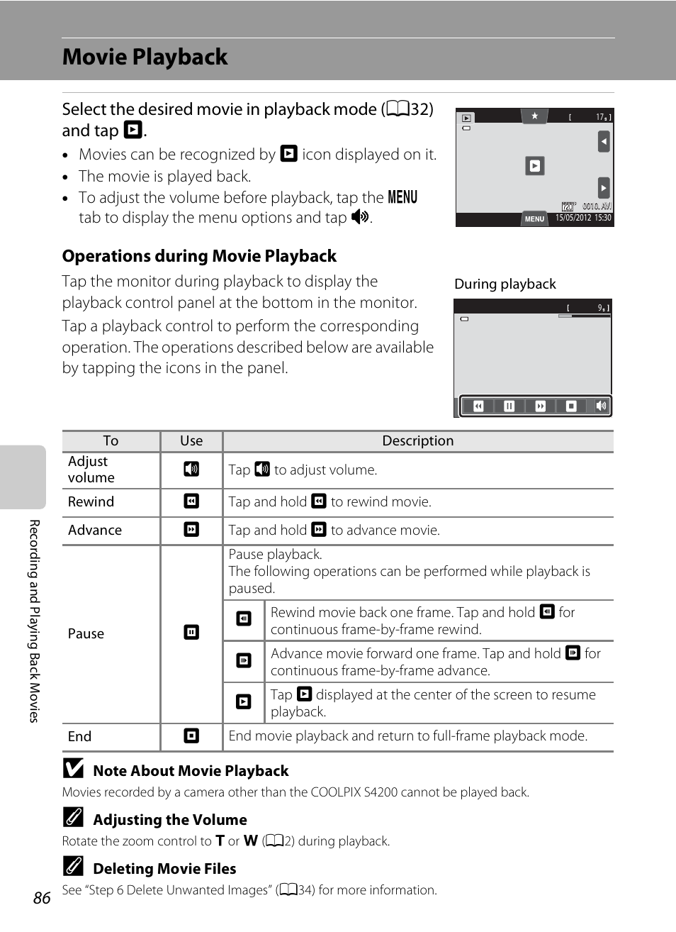 Movie playback, Movie, Operations during movie playback | Nikon S4200 User Manual | Page 104 / 224