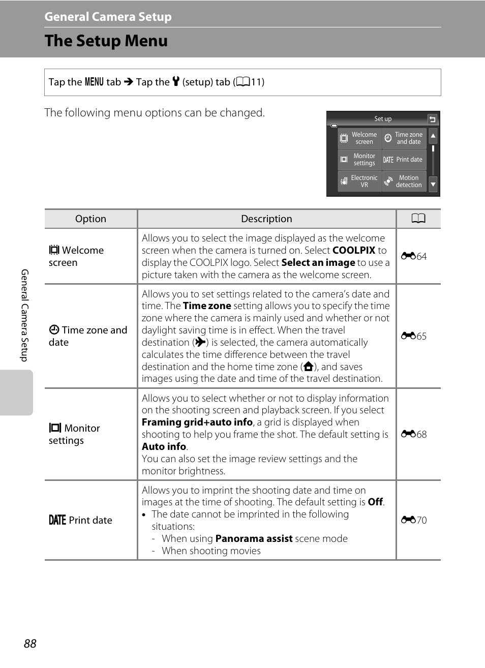 The setup menu, General camera setup, The following menu options can be changed | Nikon S4200 User Manual | Page 106 / 224