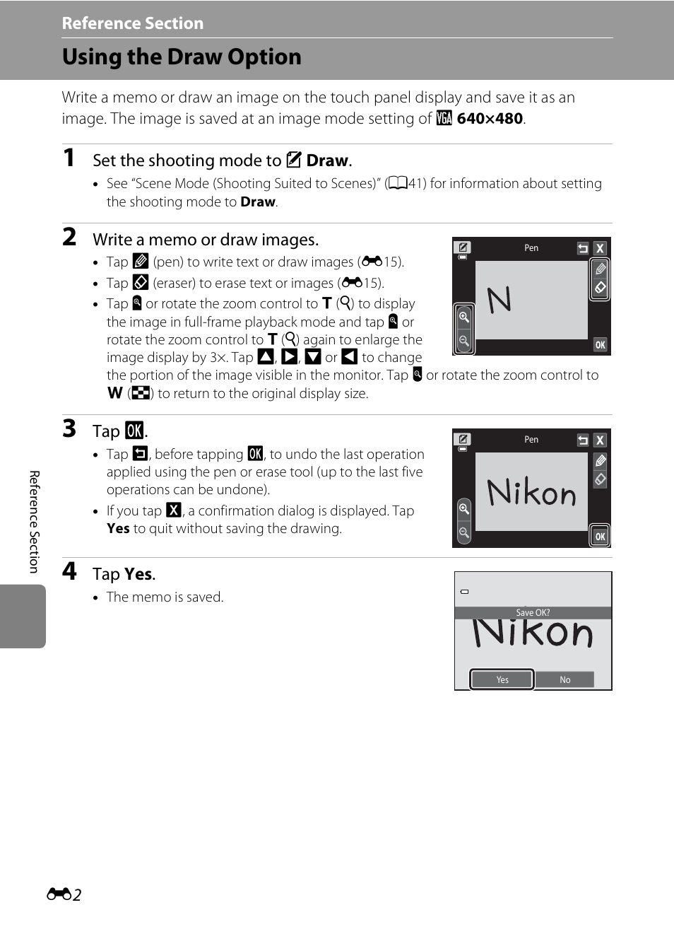 Using the draw option, E “using the draw option | Nikon S4200 User Manual | Page 110 / 224