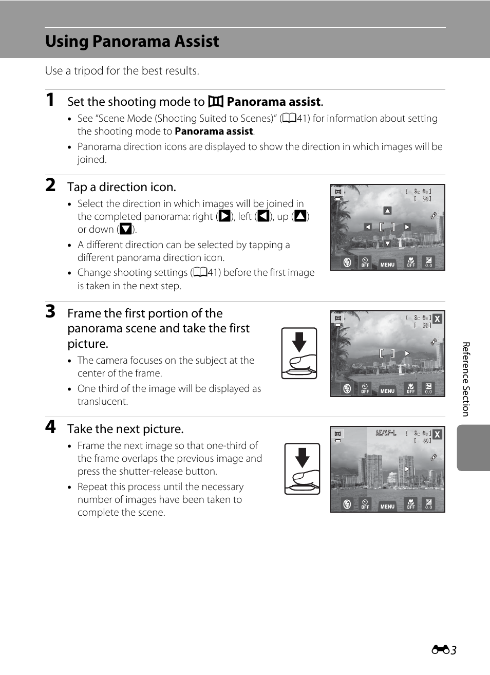 Using panorama assist, Set the shooting mode to u panorama assist, Tap a direction icon | Take the next picture | Nikon S4200 User Manual | Page 111 / 224
