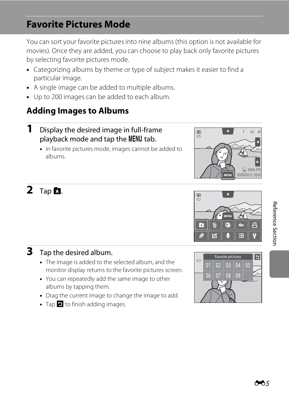 Favorite pictures mode, Adding images to albums, Tap h | Tap the desired album | Nikon S4200 User Manual | Page 113 / 224