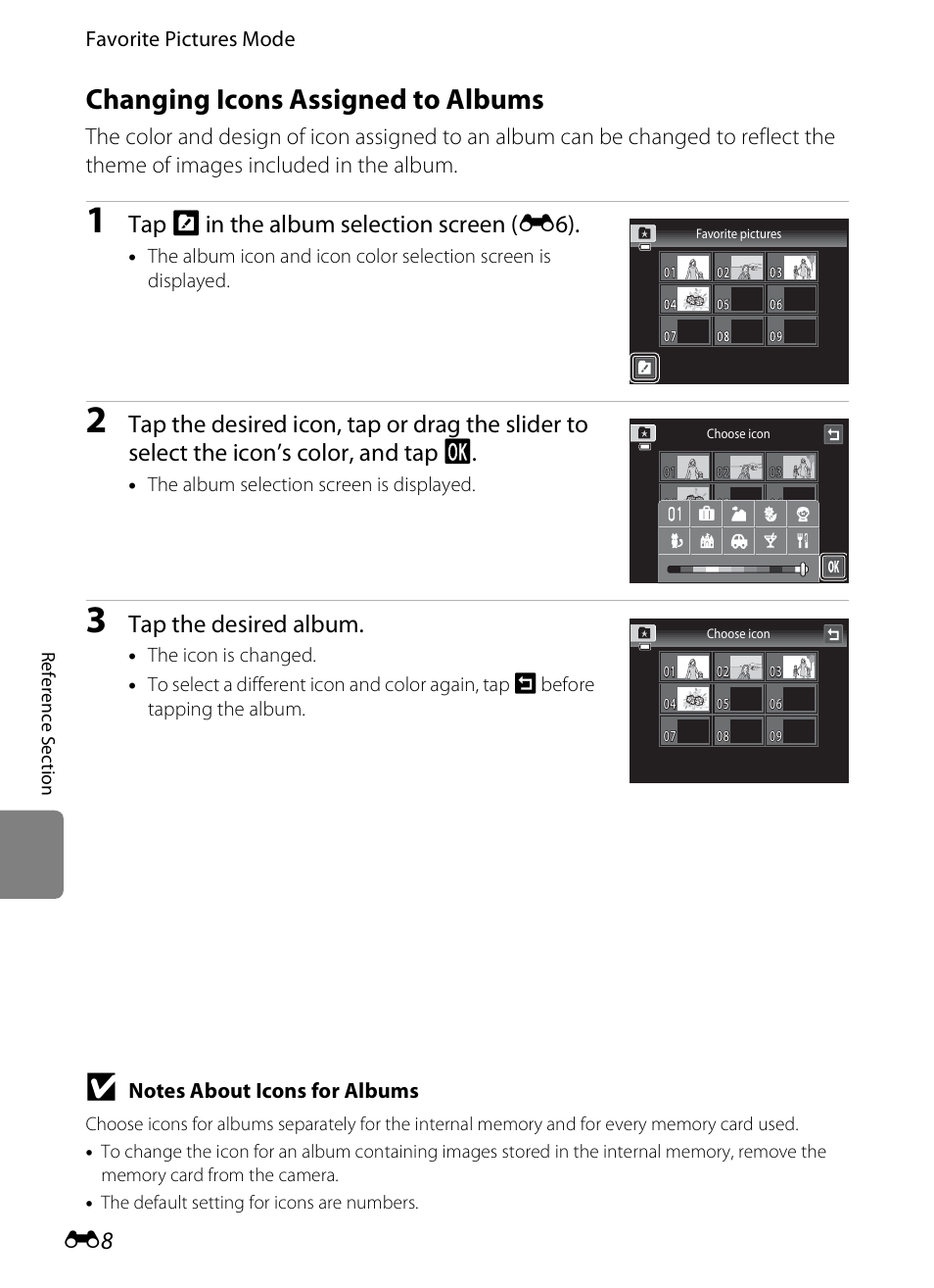 Changing icons assigned to albums, Tap k in the album selection screen ( e6), Tap the desired album | Nikon S4200 User Manual | Page 116 / 224