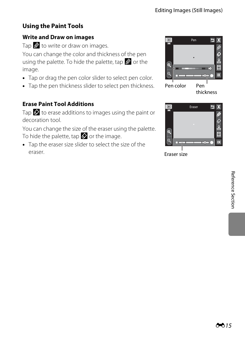 Ool, see “write, And draw on images, E15) | Using the paint tools | Nikon S4200 User Manual | Page 123 / 224