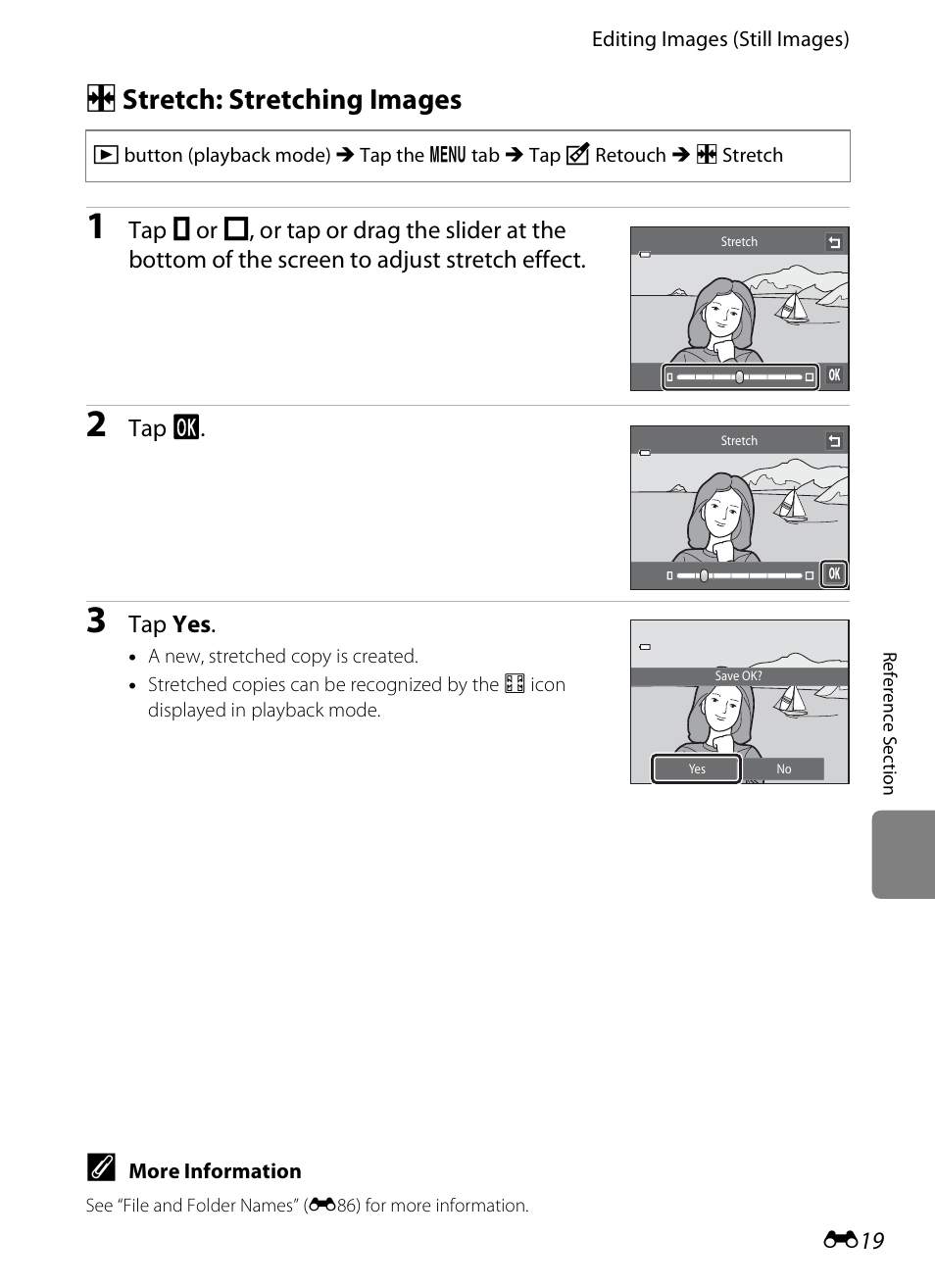 Stretch: stretching images, E19), P stretch: stretching images | Nikon S4200 User Manual | Page 127 / 224