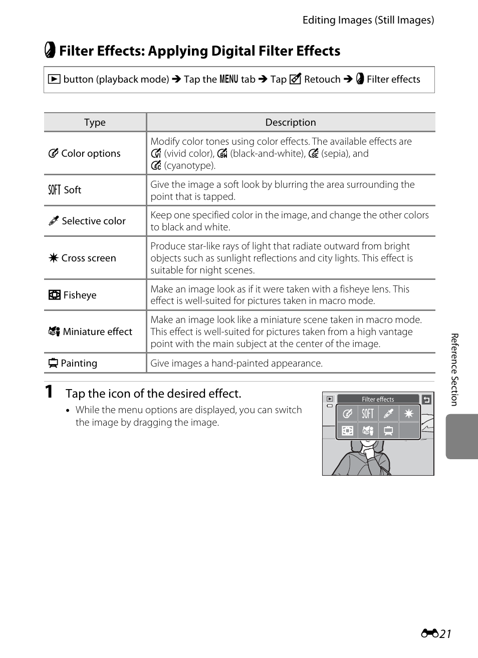 Filter effects: applying digital filter effects, E21), I filter effects: applying digital filter effects | Tap the icon of the desired effect | Nikon S4200 User Manual | Page 129 / 224