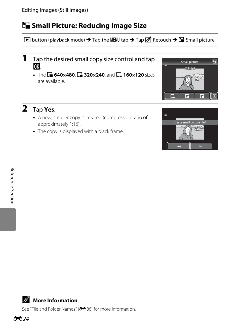 Small picture: reducing image size, G small picture: reducing image size, E24) | Tap the desired small copy size control and tap i, Tap yes | Nikon S4200 User Manual | Page 132 / 224