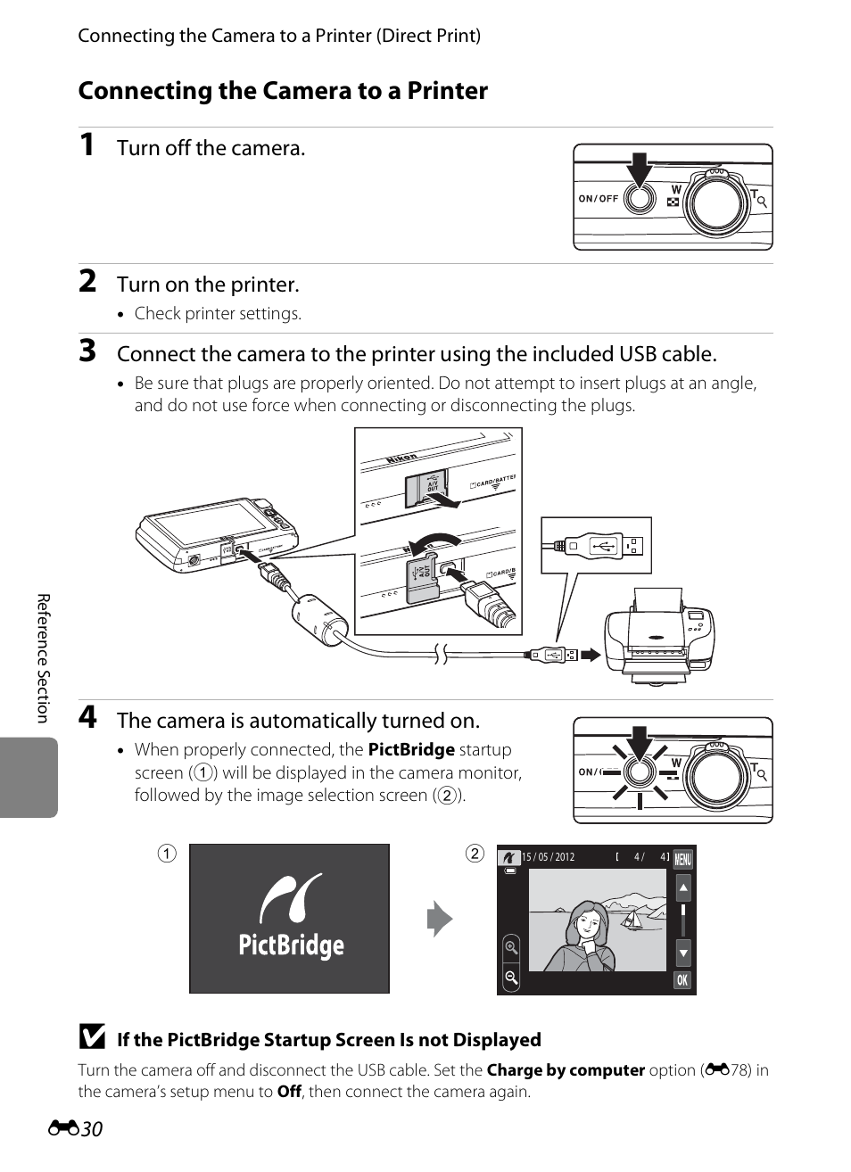 Connecting the camera to a printer, E30) | Nikon S4200 User Manual | Page 138 / 224