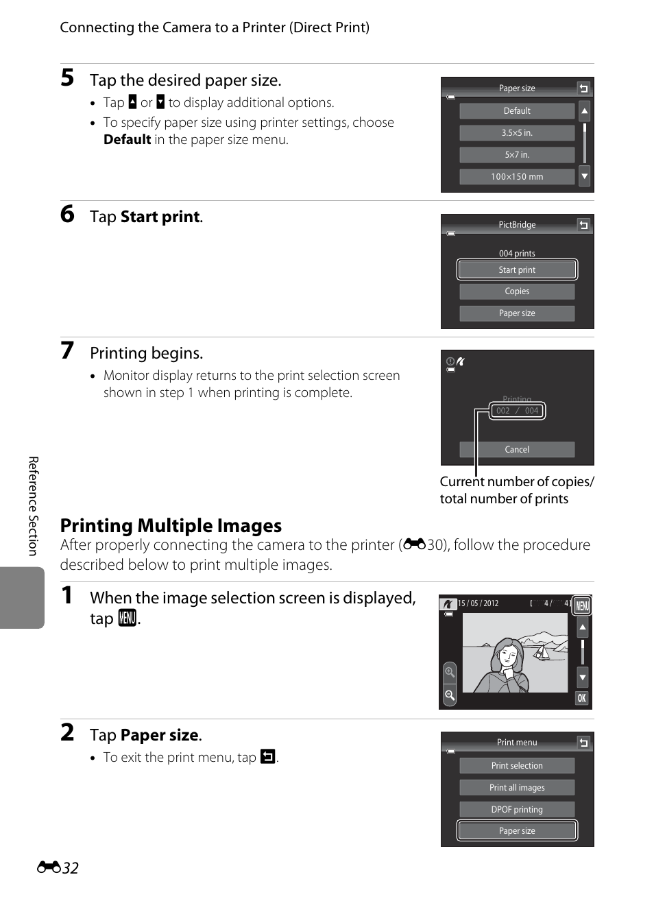 Printing multiple images, E32), Tap the desired paper size | Tap start print, Printing begins, Tap paper size | Nikon S4200 User Manual | Page 140 / 224