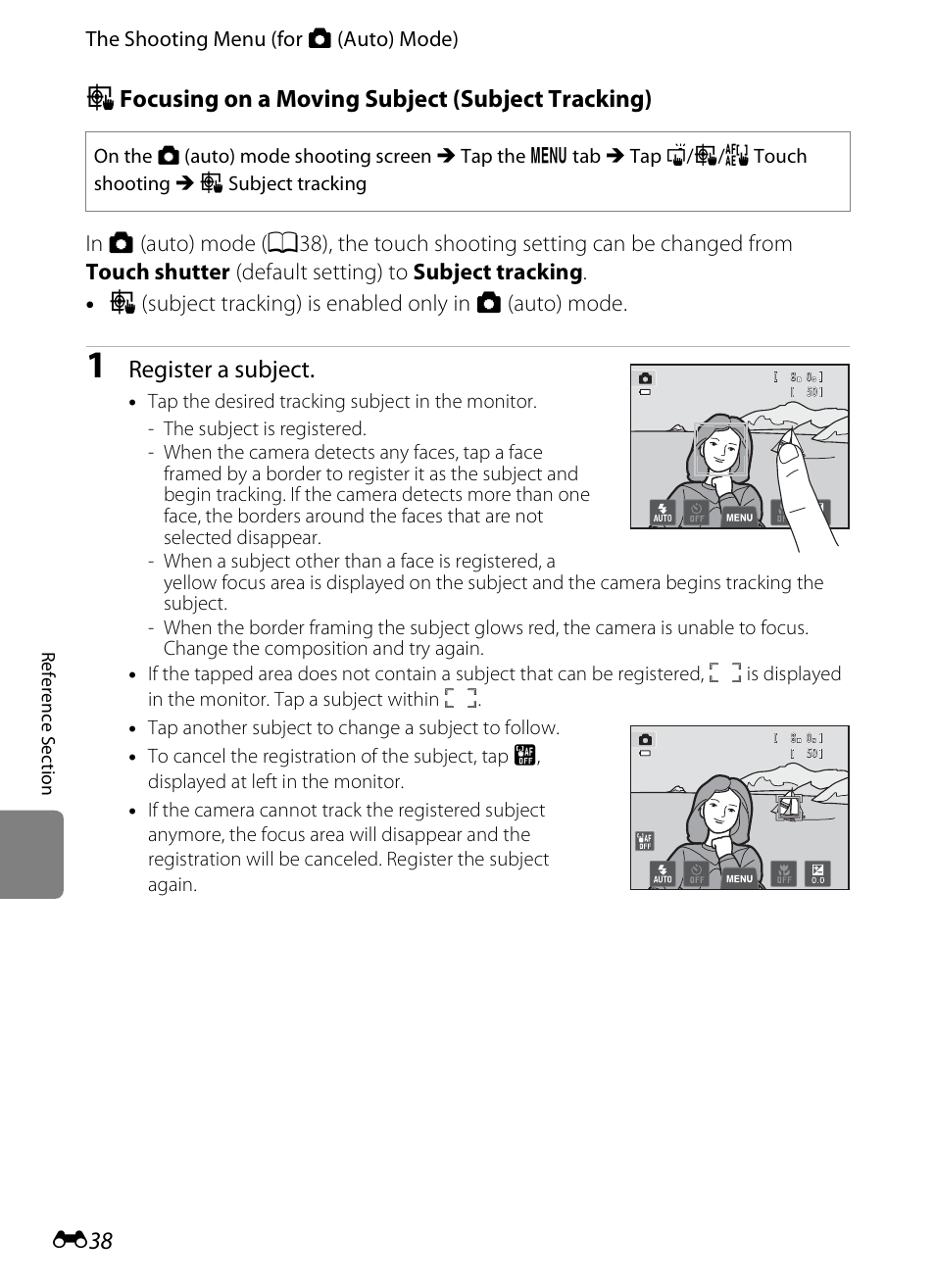 S focusing on a moving subject (subject tracking), Register a subject | Nikon S4200 User Manual | Page 146 / 224
